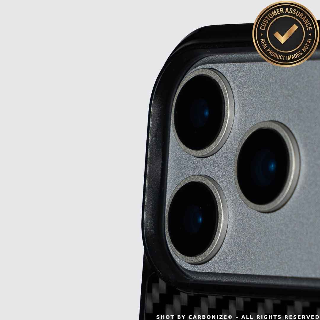 Close-up of raised camera bezel on carbon fiber iPhone case