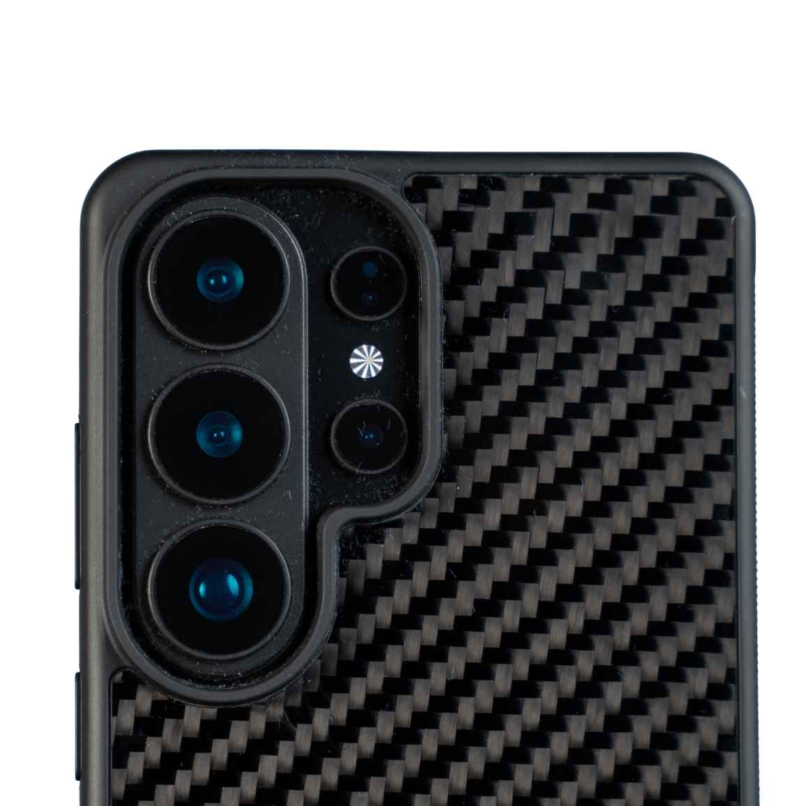 Samsung carbon fiber cover close-up showing raised camera brim and carbon weave