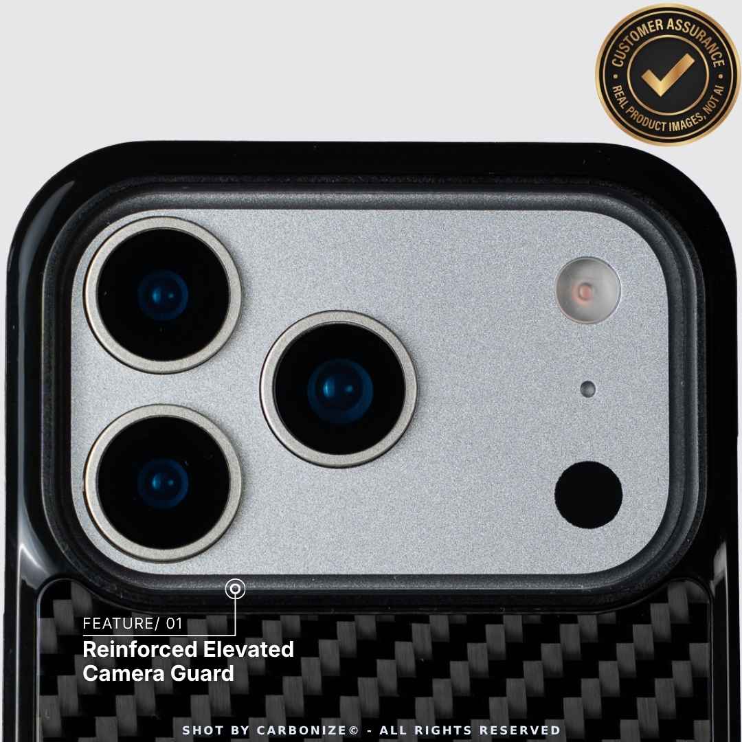 Reinforced elevated camera guard on carbon fiber iPhone case