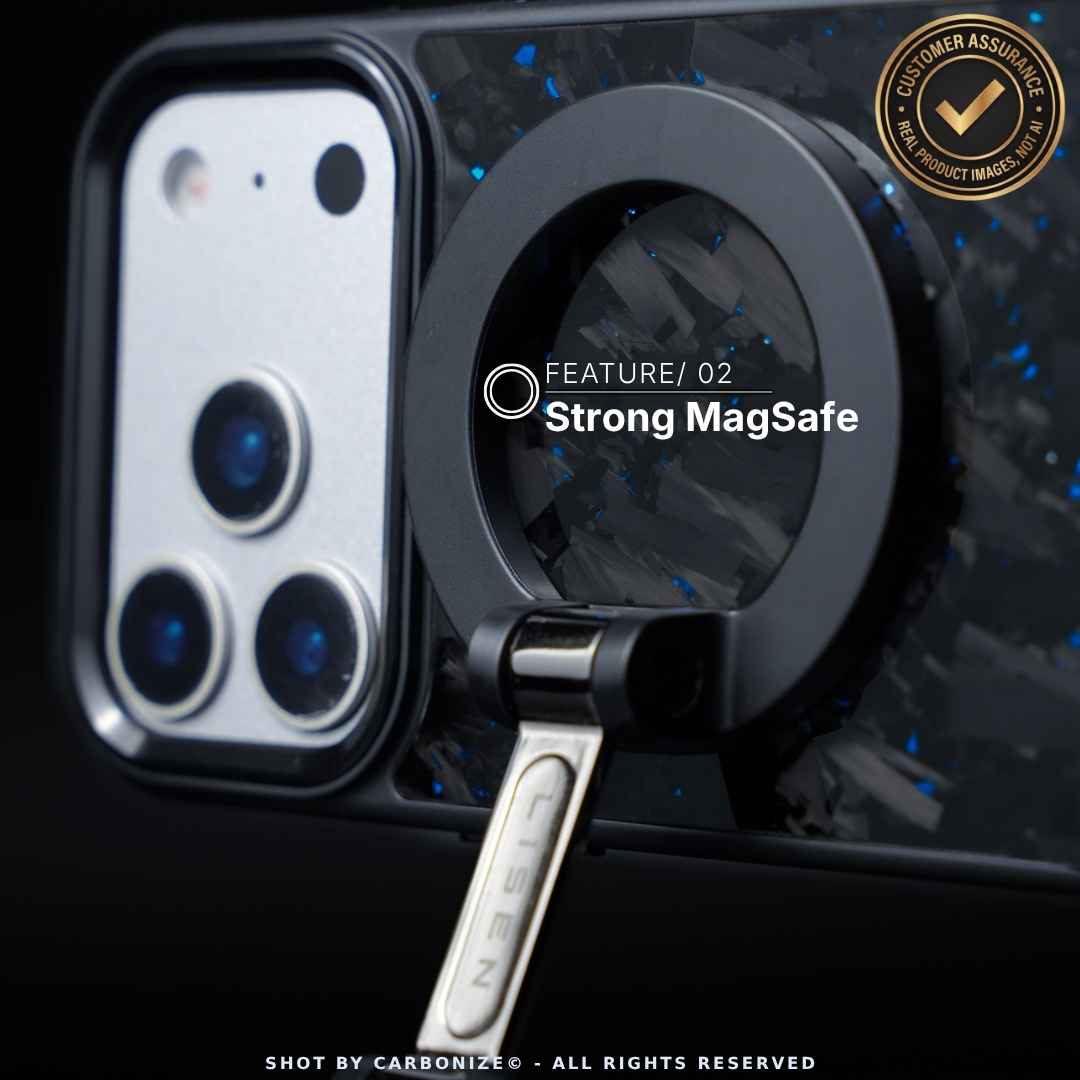 Strong MagSafe magnet holding accessory on carbon fiber iPhone case