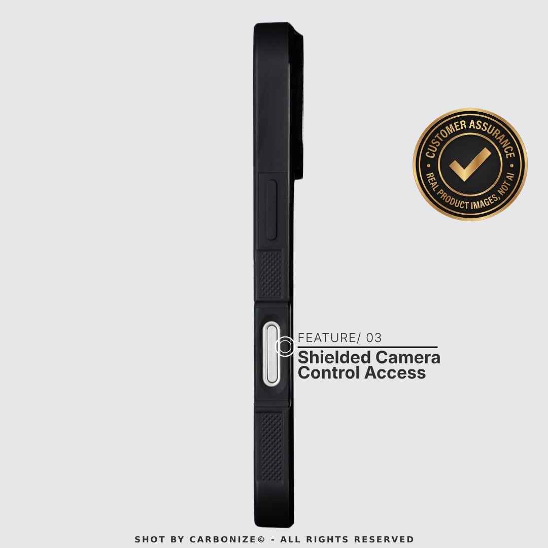 Shielded camera control access on carbon fiber iPhone case side
