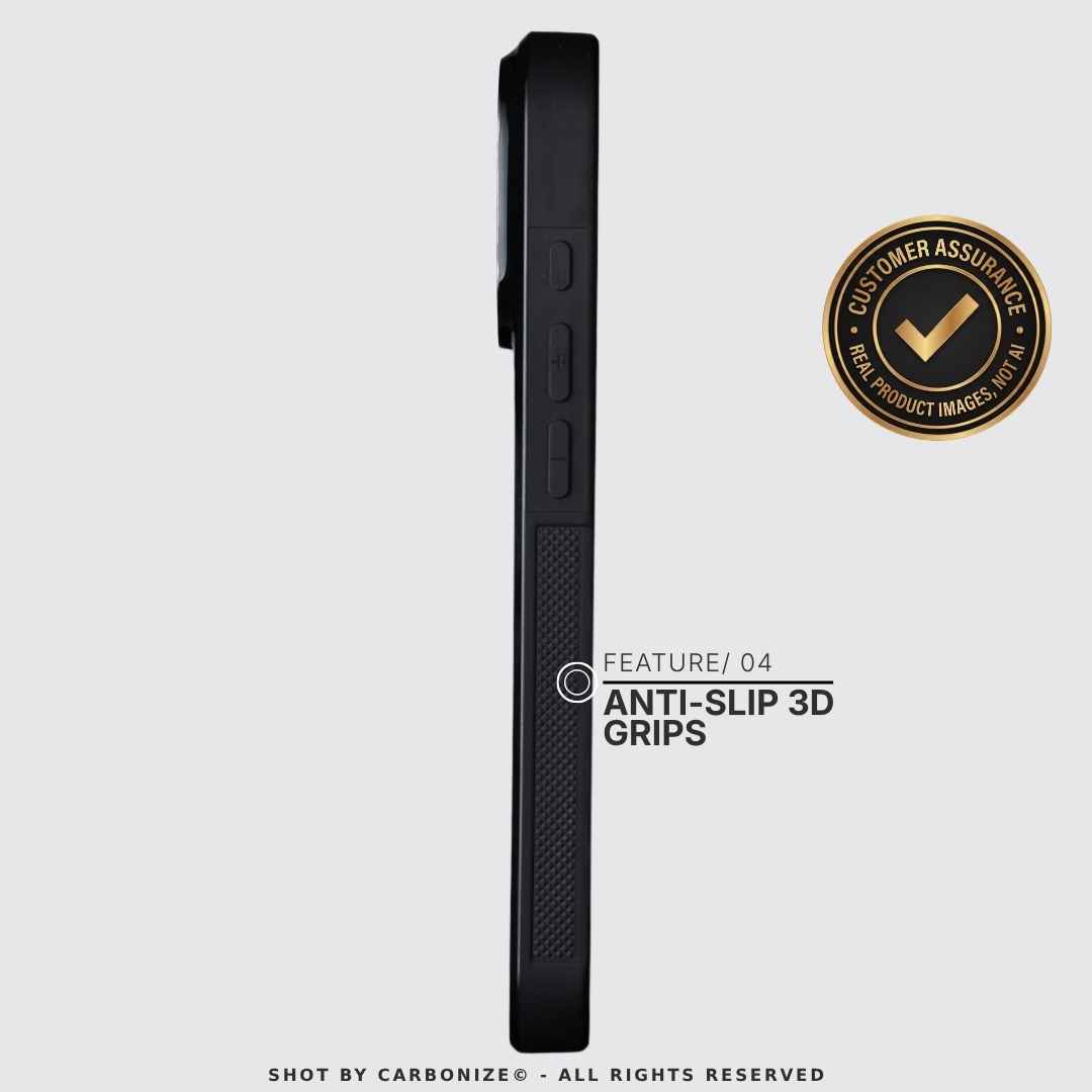 Anti-slip 3D grips along the side of carbon fiber iPhone case